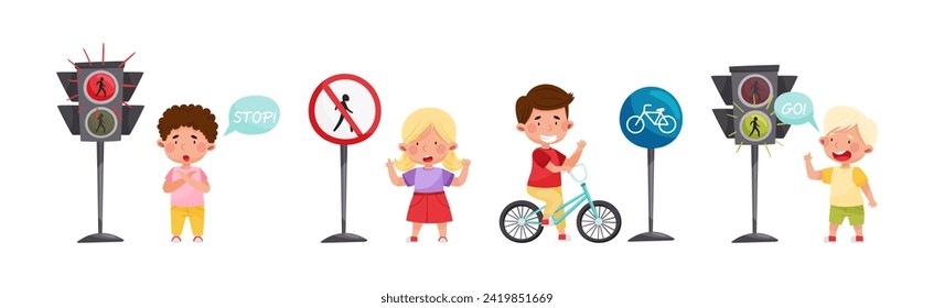 Cute Boy and Girl Child Learning Rules of Road and Traffic Education Vector Set