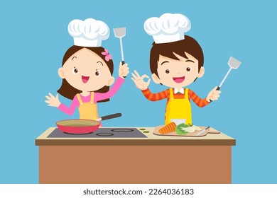 Cute Boy and Girl cooking in the kitchen. happy little chef kids presenting.