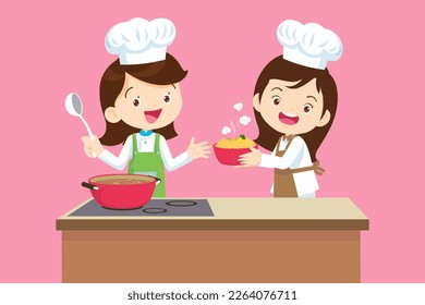 Cute Boy and Girl cooking in the kitchen. happy little chef kids presenting.