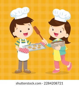 Cute Boy and Girl cooking in the kitchen.Character child chef profession