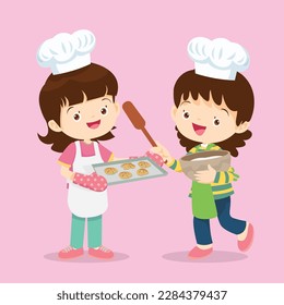 Cute Boy and Girl cooking in the kitchen.Character child chef profession