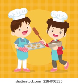 Cute Boy and Girl cooking in the kitchen.Character child chef profession