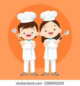 Cute Boy and Girl cooking in the kitchen.Character child chef profession