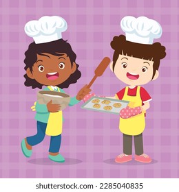 Cute Boy and Girl cooking in the kitchen.Character child chef profession