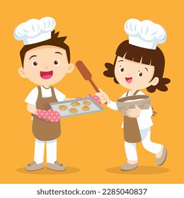 Cute Boy and Girl cooking in the kitchen.Character child chef profession