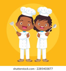 Cocina de niño y niña en la cocina.Carácter de profesión de chef infantil