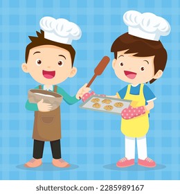 Cute Boy and Girl cooking in the kitchen.Character child chef profession