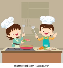 Cute Boy Girl Cooking Kitchenlittle Chef Stock Vector (Royalty Free ...