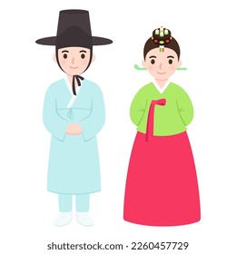 Cute boy and girl couple in traditional Korean Coming of Age ceremony clothes. Cartoon young people vector clip art illustration.