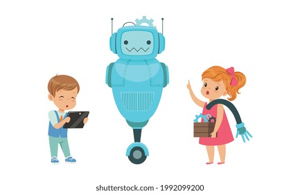 Cute Boy and Girl Creating Robot Model Set, Kids Building Robot with Computer Equipment Programming, Hobby or Future Profession Concept Cartoon Vector Illustration