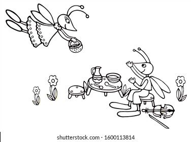 Cute boy and girl cricket are having lunch on the grass in the forest. Black and white vector for coloring, for card or gift. 