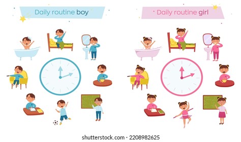 A cute boy and girl daily routine. Children in different situations vector illustration. Kids wakes up and brushing teeth, studying at school, homework, evening bath. Schedule. Day time. Isolated on