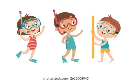 Cute Boy and Girl Diving with Snorkel. Cute cartoon kids doing swimming. Vector Set illustration on a white background in children's style