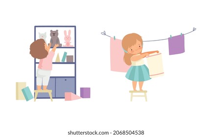 Cute Boy and Girl Doing Housework and Housekeeping Hanging Laundry on Rope and Arranging Stuff on Shelf Vector Set