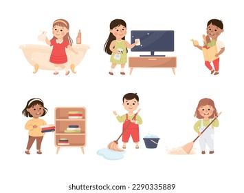 Cute Boy and Girl Doing Housework and Housekeeping Vector Set