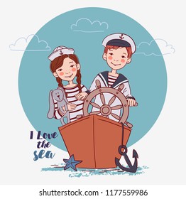 Cute boy and girl dressed as a captain and sailors having fun. Happy kids played on the ship 