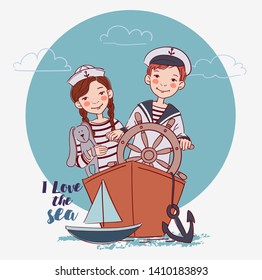 Cute boy and girl dressed as a captain and sailors having fun. Happy kids played on the ship