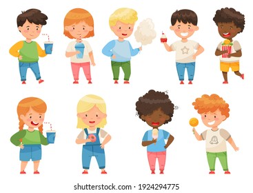 Cute Boy And Girl Drinking Soda And Eating Sweets And Sugary Treats Vector Set