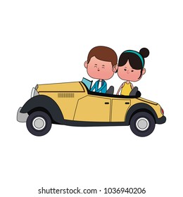 Cute boy with girl driving vintage car