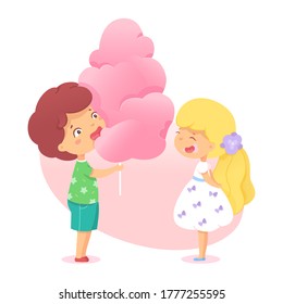 Cute boy and girl eating huge pink cotton candy. Happy smiling children enjoy tasty sugar sweet dessert snack. Little character taste delicious food. Funny kid with dirty mouth. Childhood friendship