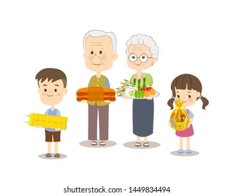 Cute Boy and Girl and Elderly couple offering to Buddhist Vector