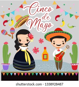 cute boy and girl with elements for cinco de mayo festival , vector isolated with background