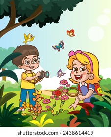 Cute boy and girl exploring insects in nature cartoon vector illustration.Cute kids discover plants and insects in the forest or park. Nature lovers taking photos and reading books cartoon vector illu