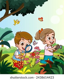 Cute boy and girl exploring insects in nature cartoon vector illustration.Cute kids discover plants and insects in the forest or park. Nature lovers taking photos and reading books cartoon vector illu