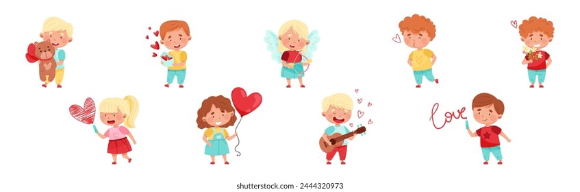 Cute Boy and Girl Feel Love at Valentine Day Vector Set