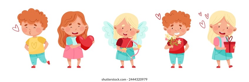Cute Boy and Girl Feel Love at Valentine Day Vector Set
