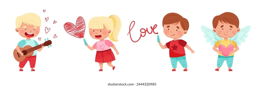 Cute Boy and Girl Feel Love at Valentine Day Vector Set