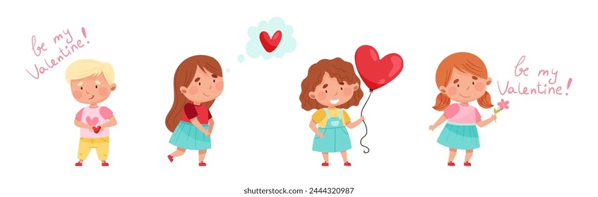 Cute Boy and Girl Feel Love at Valentine Day Vector Set