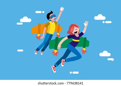 Cute Boy and Girl Fliying in the sky. Thhey are wearing wings and rockets in their back. Children vector illustration in a flat, minimal style.