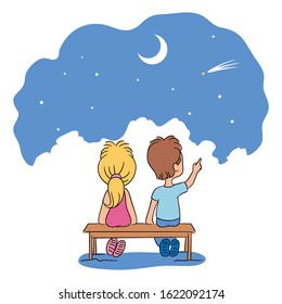 Cute boy and girl friends sitting on park bench looking at starry night sky. Happy children cartoon character. Shooting star, moon. View from back. Spend time together. Vector flat illustration