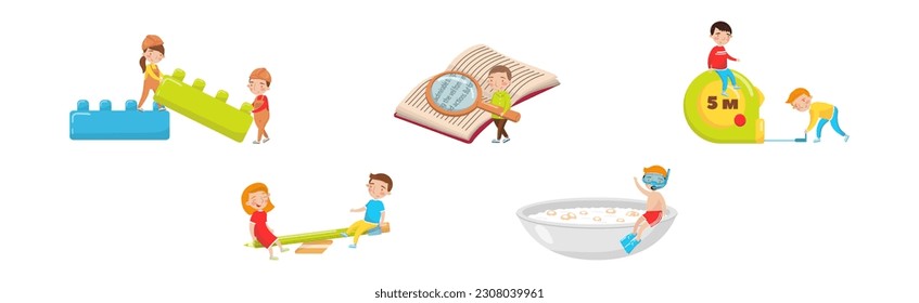 Cute Boy and Girl with Giant Objects as Early Childhood Education Vector Set