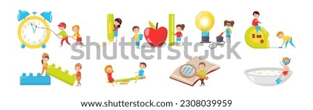 Cute Boy and Girl with Giant Objects as Early Childhood Education Vector Set