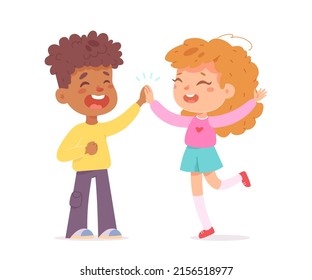 Cute boy and girl giving high five to each other with slap vector illustration. Cartoon happy children meeting, funny two kids playing fun game, great support of little friends isolated on white