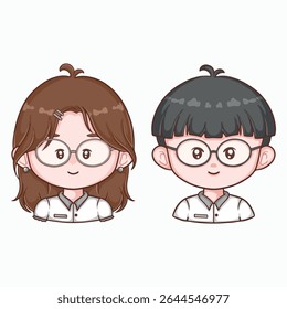 cute boy and girl with glasses and school uniform cartoon vector illustration eps 10