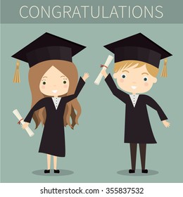Cute boy and girl graduates. Vector illustration