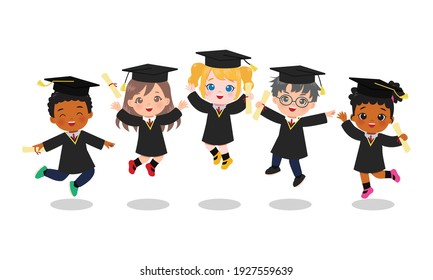 Cute boy and girl in graduation gown jumping together. Flat vector cartoon character design isolated