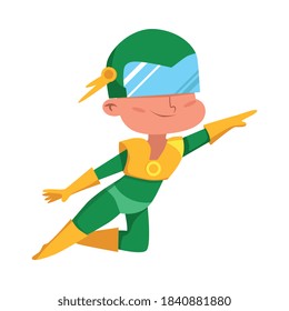 Cute Boy Girl in Green Superhero Costume, Adorable Kid Character Flying in Superhero Pose Cartoon Style Vector Illustration