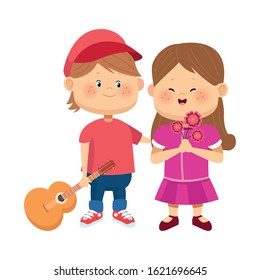cute boy and girl with guitar and flowers over white background, colorful design, vector illustration