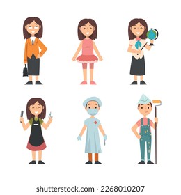 Cute Boy and Girl Having Different Profession Wearing Uniform Vector Set