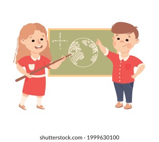 Cute Boy and Girl Having Geography Lesson, Elementary School Students Standing at Blackboard, Kids Education Concept Cartoon Vector Illustration