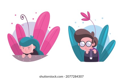 Cute Boy and Girl Hiding in Fairy Bush Vector Set
