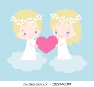 Cute boy and girl hold pink heart. Vector illustration.