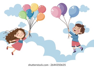 Menino bonito e menina segurando balões na mão e voando no céu. Sentir-se feliz criança estilo desenhos animados flutuando com balões coloridos. Liberdade, diversão, alegria conceito de infância
