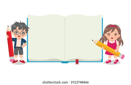 Cute boy   girl holding big pencil and blank book template  Back to school concept  Flat vector design 