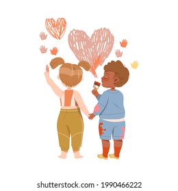 Cute Boy and Girl Holding Hands and Drawing on the Wall with Crayon and Paint Brush Vector Illustration