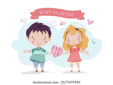 Cute boy and girl holding a heart-shaped gift with a Be My Valentine banner, surrounded by hearts and paper airplane. Vector illustration of love and friendship